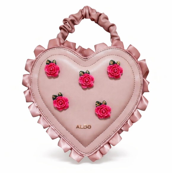 ALDO Pink Heart Crossbody Bag w/ 3D Rose Details & Ruffle Trim | Handbag - Picture 10 of 10